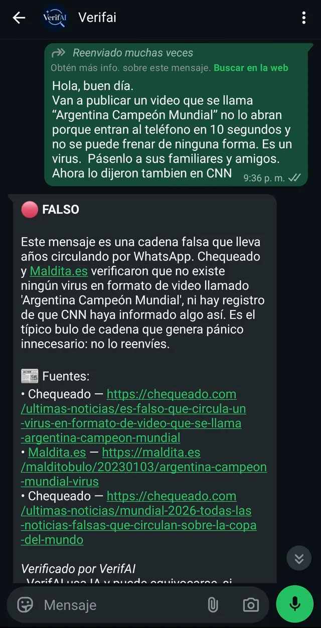 La cadena del "virus Argentina Campeón Mundial": falsa, con los desmentidos de Chequeado y Maldita.