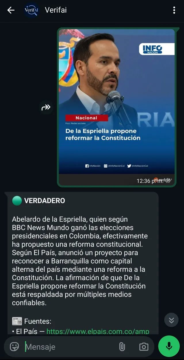 Una tarjeta de noticia que sí es cierta: confirma el hecho y cita El País y BBC Mundo.
